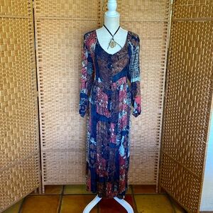 Boho Patchwork Maxi Dress in Navy and Rust